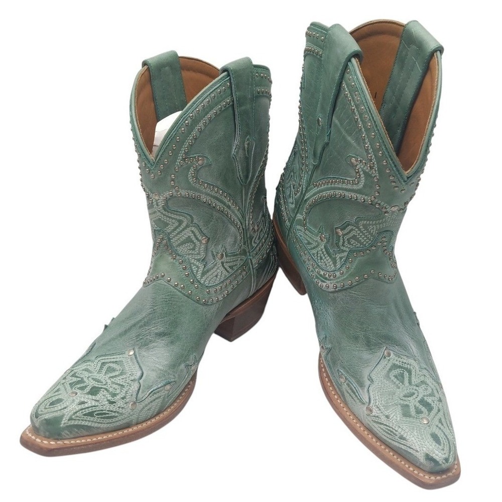 Lucchese M4977 Women's 7.5 B Turquoise Teal Leather Studded Western Boots NOS - Picture 2 of 16
